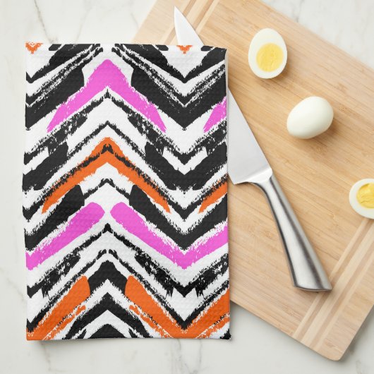 Zwart, Oranje en roze hand getekend Chevron Patter Theedoek (Quarter Fold)