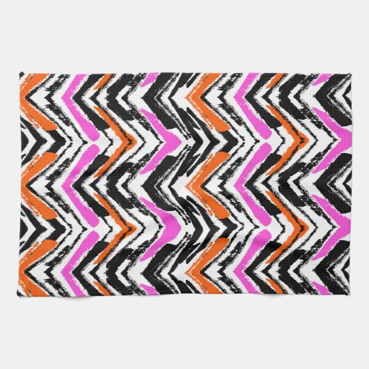 Zwart, Oranje en roze hand getekend Chevron Patter Theedoek (Horizontaal)