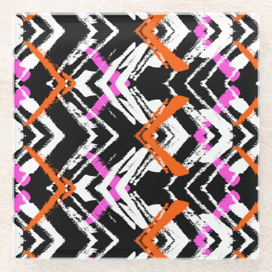Zwart, Oranje en roze hand getekend pijlpatroon Glazen Onderzetter (Voorkant)