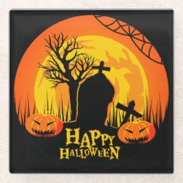 ZWART ORANJE GEEL ENGE HALLOWEEN BEGRAAFPLAATS GLAZEN ONDERZETTER
