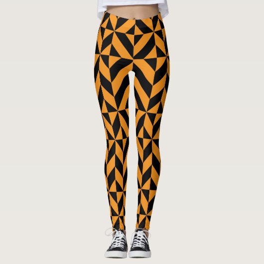 Zwart Oranje Geometrische Halloween Leggings (Voorkant)