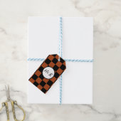 Zwart & Oranje geruit vierkant Buffalo Plaid Cadeaulabel (Met Touw)
