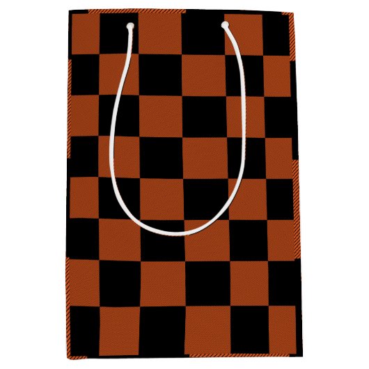 Zwart & Oranje geruit vierkant Buffalo Plaid Medium Cadeauzakje (Voorkant)