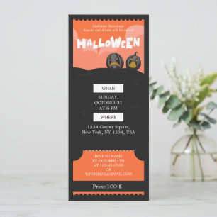 Zwart & Oranje Halloween Griezelfeest Ticket Feestdagenkaart