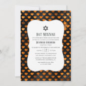 Zwart-Oranje Heart Pattern Bat Mitzvah Kaart (Voorkant)