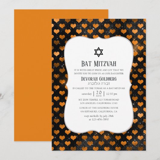 Zwart-Oranje Heart Pattern Bat Mitzvah Kaart (Voorkant / Achterkant)