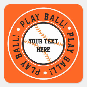 Zwart & Oranje honkbal PLAY BALL-feeststicker Vierkante Sticker