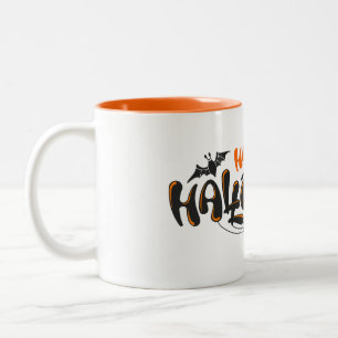 Zwart Oranje Minimalistische Gelukkig Halloween Mo Tweekleurige Koffiemok