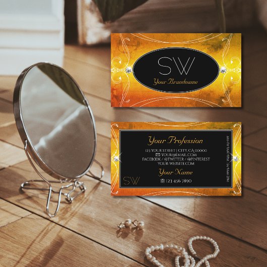 Zwart Oranje  monogram mousserende diamanten Visitekaartje