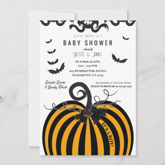 Zwart & Oranje pompoen Halloween Baby shower Kaart (Voorkant)