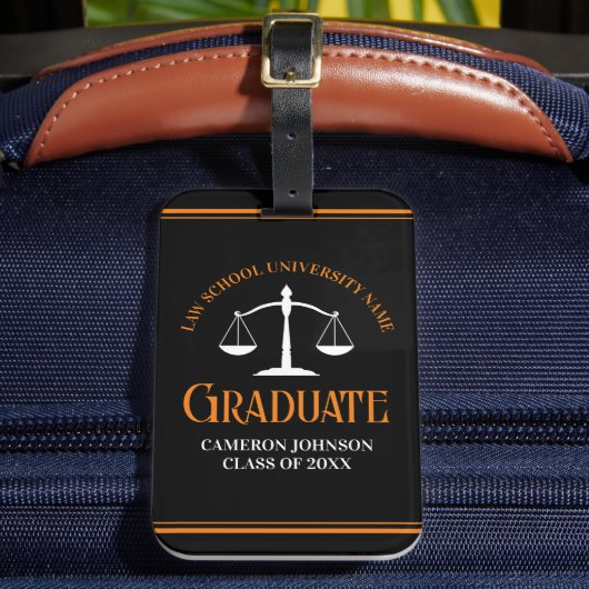 Zwart Oranje Recht School Custom Graduation Party Bagagelabel (Voorkant Insitu 2)