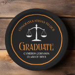 Zwart Oranje Recht School Custom Graduation Party Papieren Bordje<br><div class="desc">Dit moderne zwarte en oranje custom law school afstuderen partij papier bord is voorzien van stijlvolle typografie voor een klasse van 2025 afstuderen. Pas je aan met je afstudeerjaar onder de witte schalen van gerechtigheid voor deze geweldige gepersonaliseerde advocaat of advocaat cadeau van felicitaties.</div>
