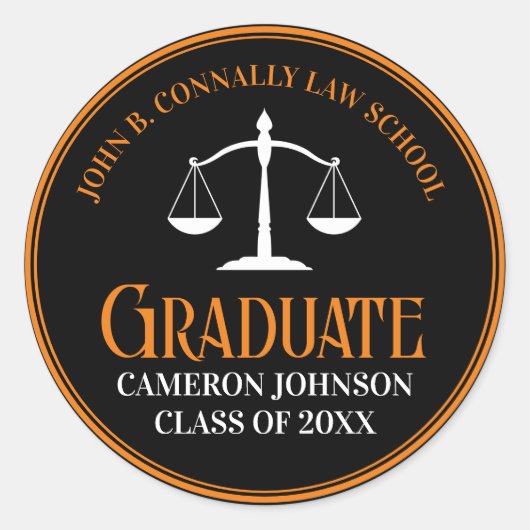 Zwart Oranje Recht School Custom Graduation Party Ronde Sticker (Voorkant)