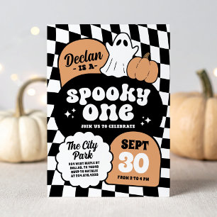 Zwart Oranje Retro Checker Spooky One 1e Verjaarda Kaart