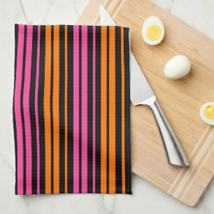 Zwart Oranje Roze Verticale Strepen Design Theedoek