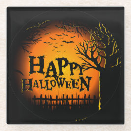 ZWART & ORANJE SPOOKachtige HALLOWEEN NACHT Glazen Onderzetter