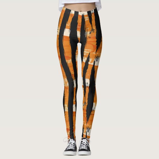Zwart Oranje streeppatroon Leggings (Voorkant)