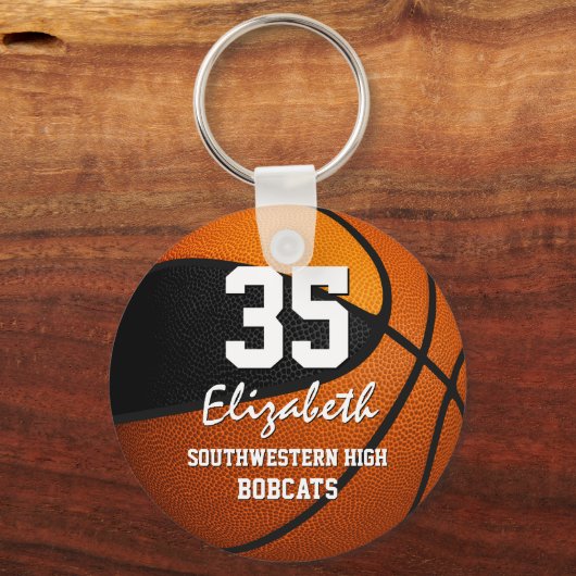 Zwart oranje team kleuren jongens basketbal sleutelhanger (Voorkant)