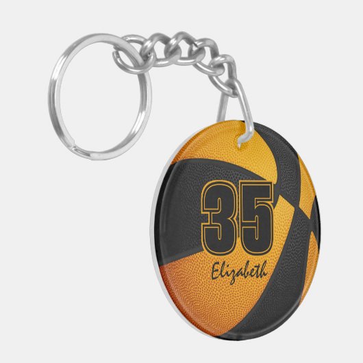 Zwart oranje team kleuren jongens basketbal sleutelhanger (Voorkant Links)