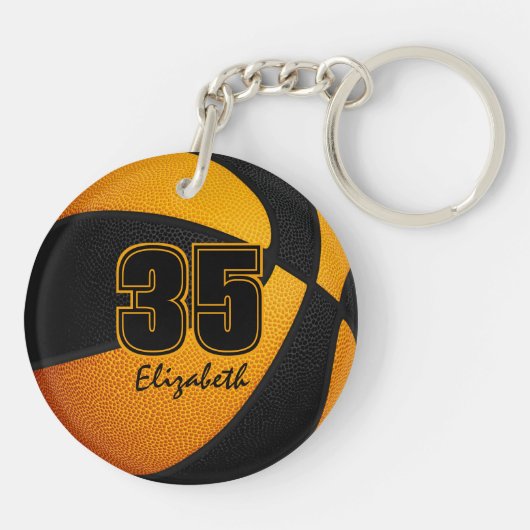 Zwart oranje team kleuren jongens basketbal sleutelhanger (Achterkant)