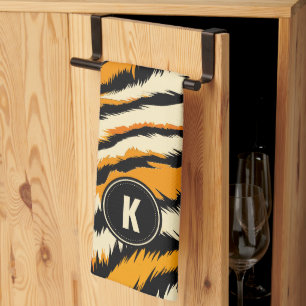 Zwart Oranje Tijger Strepen Patroon Monogram Theedoek