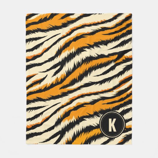 Zwart Oranje Tijgerstrepen Patroon Monogram Fleece Deken (Voorkant)