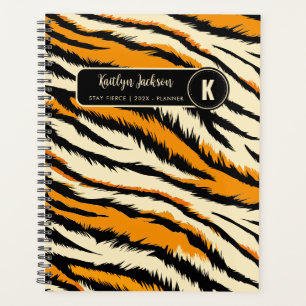 Zwart Oranje Tijgerstrepen Patroon Monogram Planner