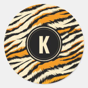 Zwart Oranje Tijgerstrepen Patroon Monogram Ronde Sticker