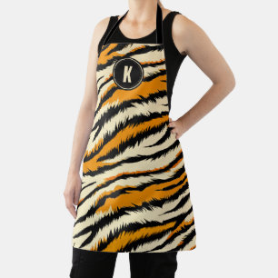 Zwart Oranje Tijgerstrepen Patroon Monogram Schort