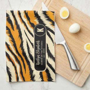 Zwart Oranje Tijgerstrepen Patroon Monogram Theedoek