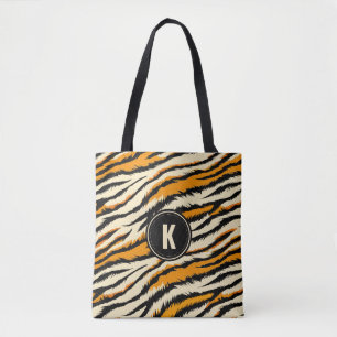 Zwart Oranje Tijgerstrepen Patroon Monogram Tote Bag