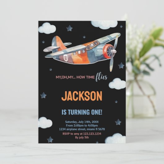 Zwart Oranje Vliegtuig Verjaardagsuitnodigingen Kaart (Staand voorkant)