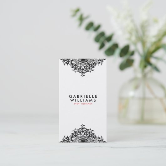, zwart ornament ontwerp visitekaartje (Staand voorkant)