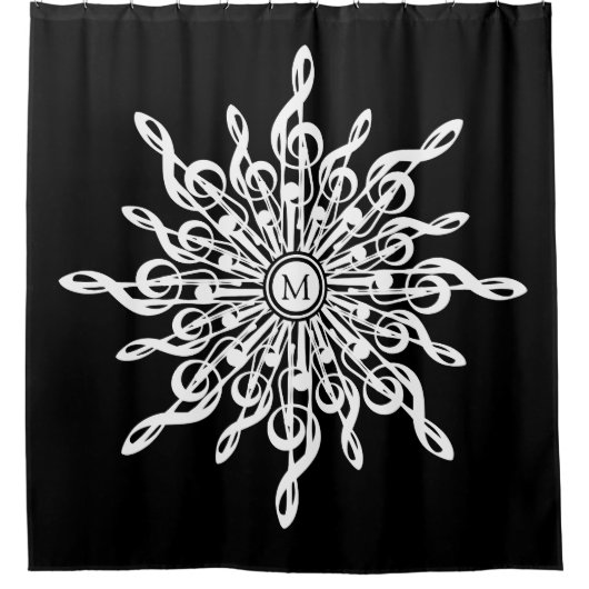 Zwart Ornamental Treble Clef Monogram Douchegordijn (Voorkant)