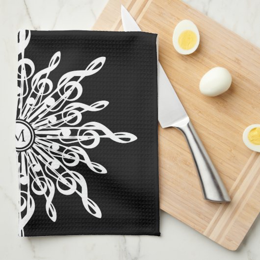Zwart Ornamental Treble Clef Monogram Theedoek (Quarter Fold)