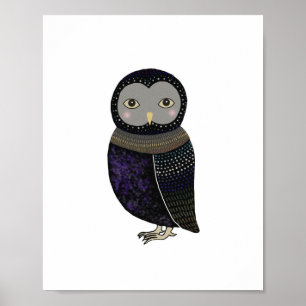 Zwart Owl Blue Feather Poster van MiKa Art