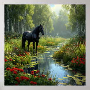 Zwart Paard Bos Muur Kunst Natuur Decoratie