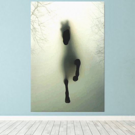 Zwart paard dat in het bos loopt canvas afdruk (Insitu (Houten vloer))