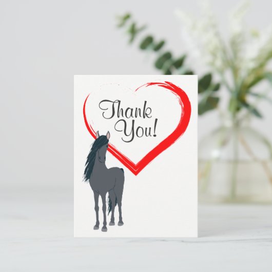 zwart paard en rood hart dank u briefkaart (Staand voorkant)
