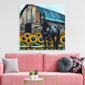 zwart paard en rustieke schuur met zonnebloemen canvas afdruk (Insitu (Woonkamer))