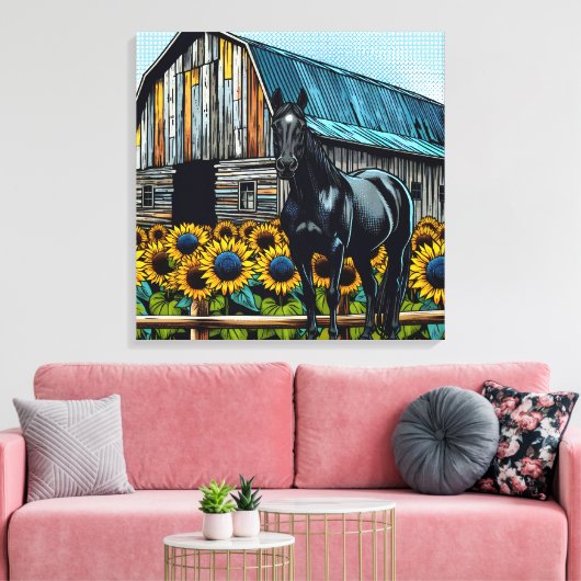  zwart paard en rustieke schuur met zonnebloemen canvas afdruk (Insitu (Woonkamer))