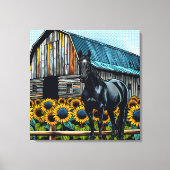  zwart paard en rustieke schuur met zonnebloemen canvas afdruk (Voorkant)