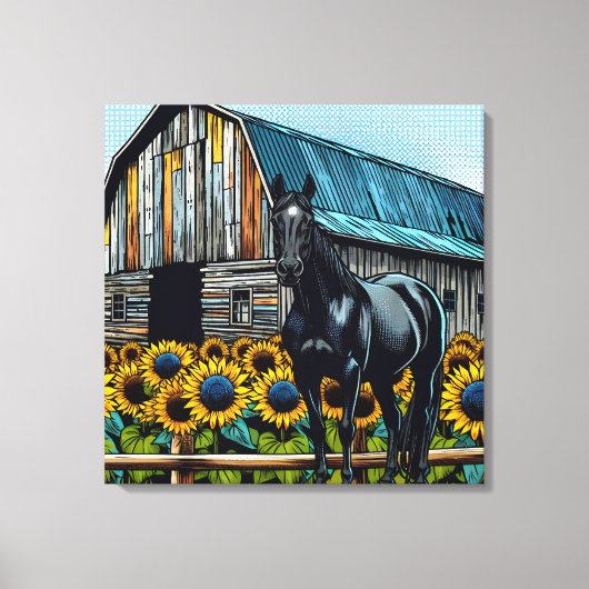zwart paard en rustieke schuur met zonnebloemen canvas afdruk (Voorkant)