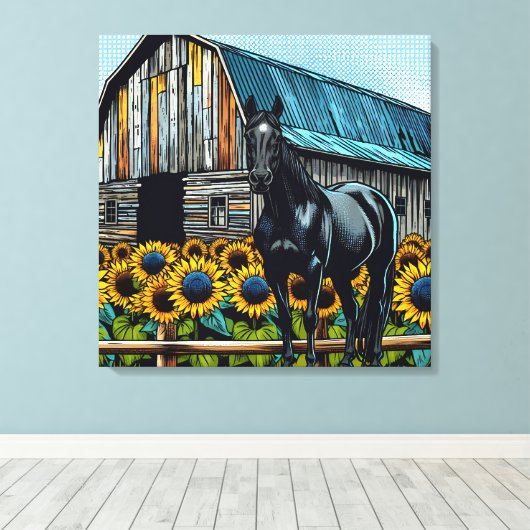 zwart paard en rustieke schuur met zonnebloemen canvas afdruk (Insitu (Houten vloer))