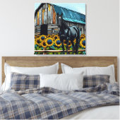  zwart paard en rustieke schuur met zonnebloemen canvas afdruk (Insitu (Slaapkamer))