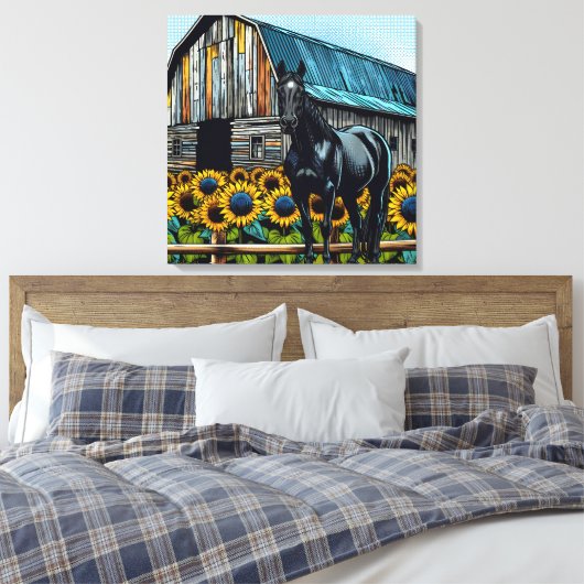 zwart paard en rustieke schuur met zonnebloemen canvas afdruk (Insitu (Slaapkamer))