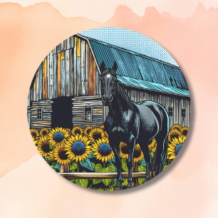  zwart paard en rustieke schuur met zonnebloemen ronde sticker