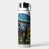  zwart paard en rustieke schuur met zonnebloemen waterfles (Achterkant)