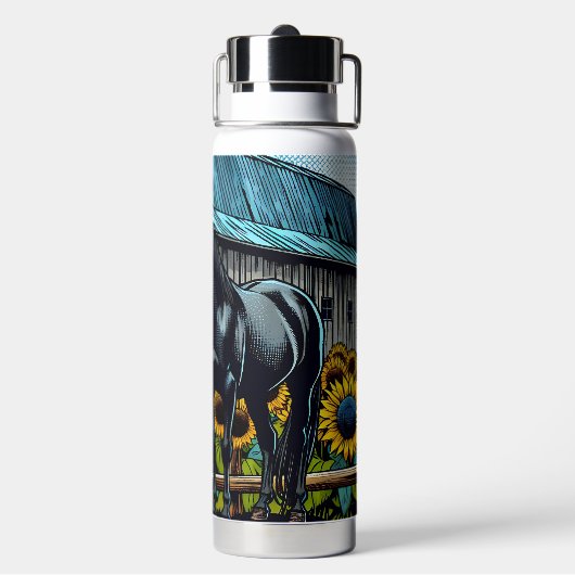  zwart paard en rustieke schuur met zonnebloemen waterfles (Achterkant)