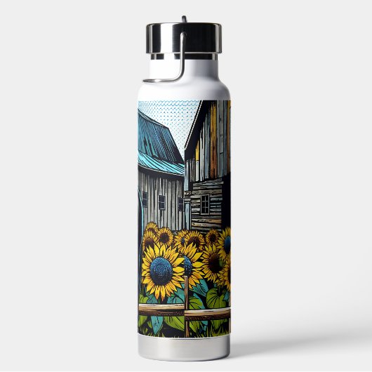  zwart paard en rustieke schuur met zonnebloemen waterfles (Rechts)